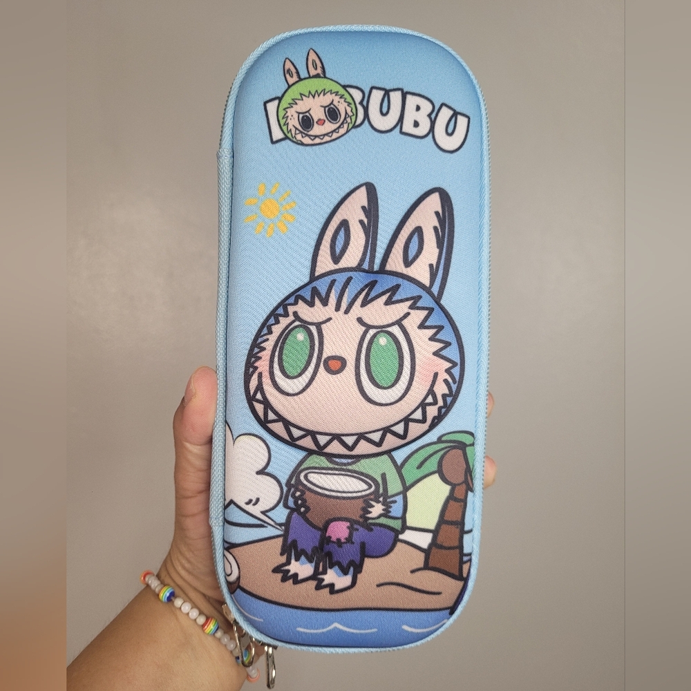 Blue Pencil case, with the design of the character Labubu. 3D